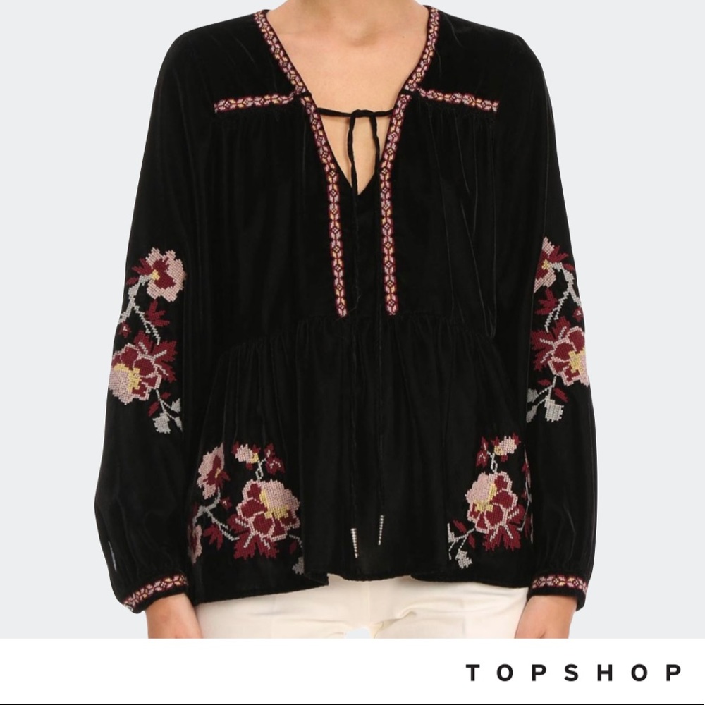 Topshop Black Velvet Embroidered Blouse